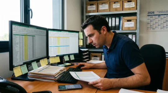 Collaborateur d'un distributeur spécialisé recherchant activement des informations produits sur double écran affichant multiples tableurs Excel ouverts, entouré de dossiers fournisseurs papier et documents imprimés, posture traduisant la concentration et l'urgence de la recherche manuelle dans un bureau opérationnel moderne