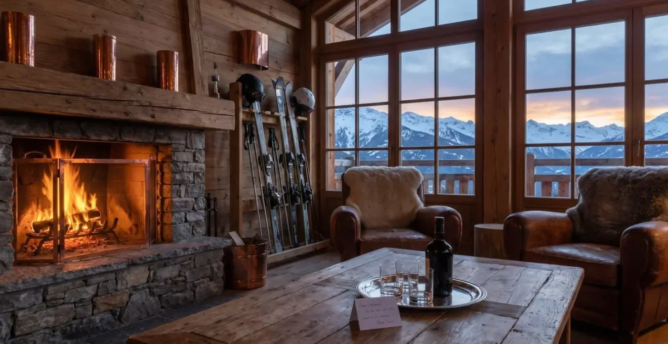 Scène de conciergerie alpine : équipement de ski rangé, feu de cheminée allumé, ambiance chaleureuse au coucher du soleil sur la montagne
