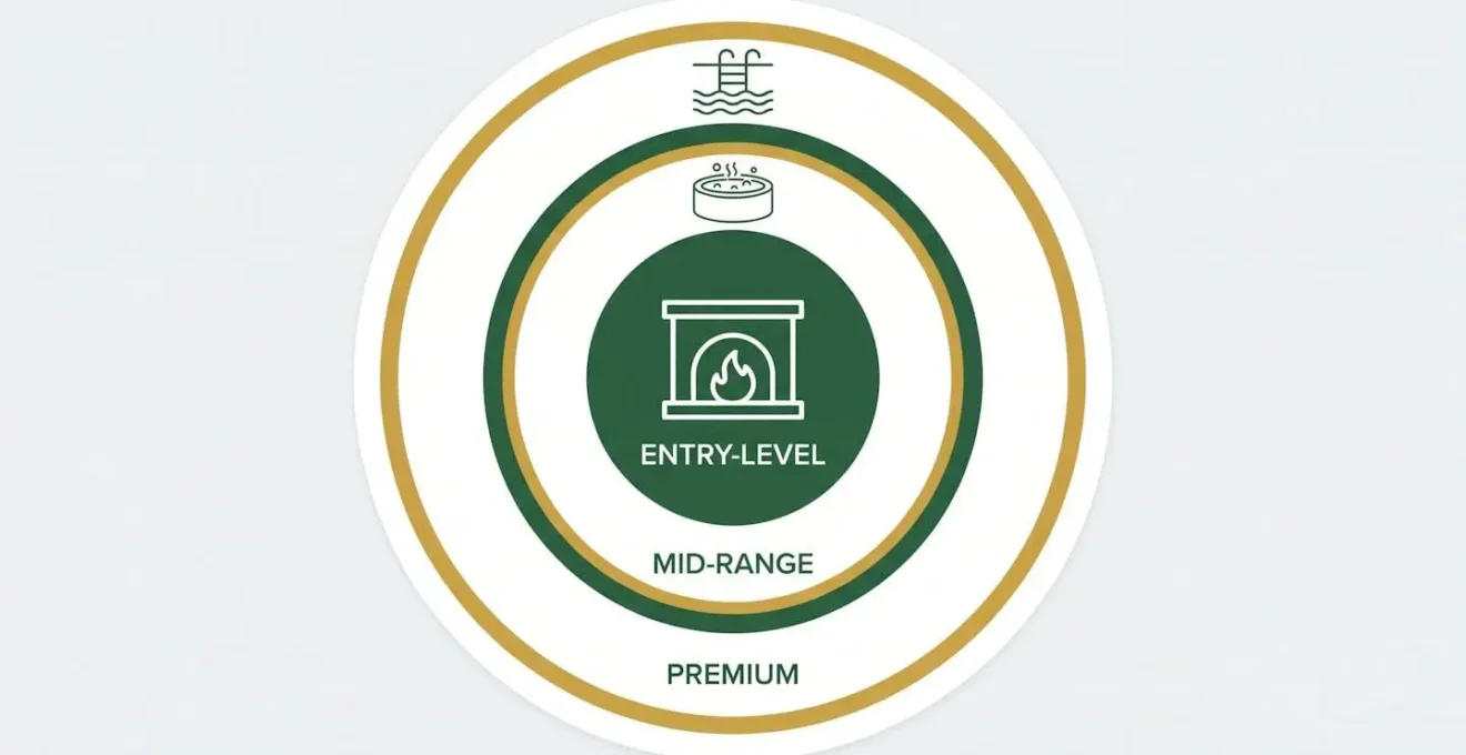 Représentation graphique en trois cercles concentriques des fourchettes de prix des chalets à Courchevel : entrée de gamme, milieu de gamme et premium