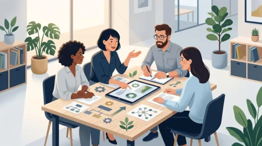 Illustration d'un groupe de professionnels autour d'une table, symbolisant la gouvernance collective d'une mutuelle