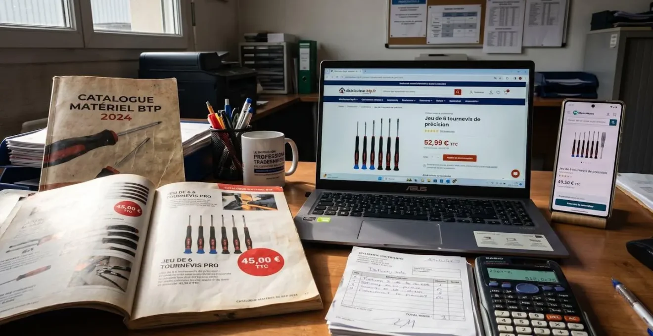 Juxtaposition de trois supports commerciaux d'un distributeur affichant des prix différents pour le même produit : catalogue papier imprimé, site e-commerce sur écran d'ordinateur portable et marketplace sur smartphone, illustrant concrètement les incohérences de publication multicanale