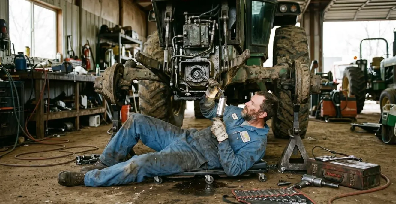 Mécanicien agricole inspectant la zone de transmission sous un tracteur dans un atelier rural