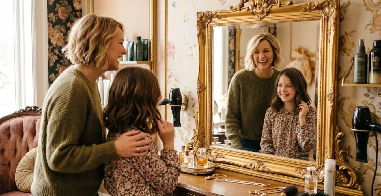 Reflet dans un grand miroir doré d'une mère et sa fille regardant ensemble leur nouvelle coiffure, expression de satisfaction partagée