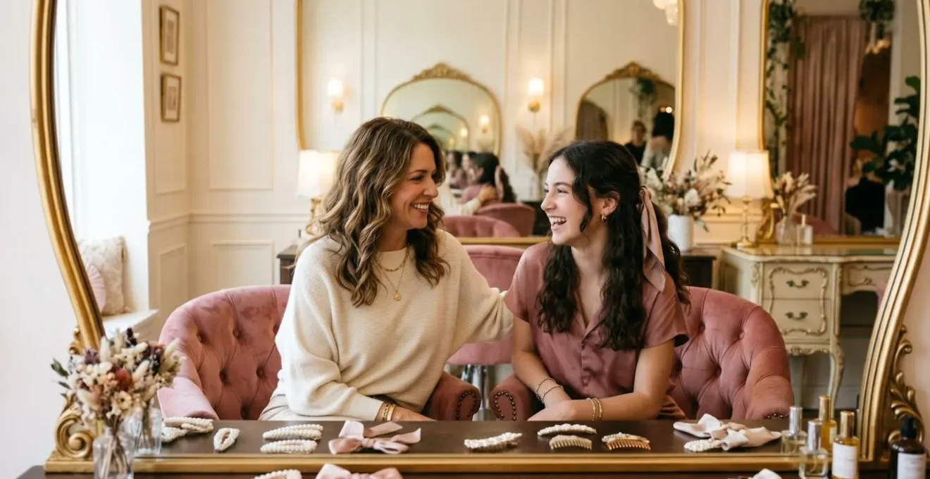 Mère et fille assises côte à côte dans un salon de coiffure au décor boudoir chic, souriantes, entourées de miroirs dorés et de produits capillaires