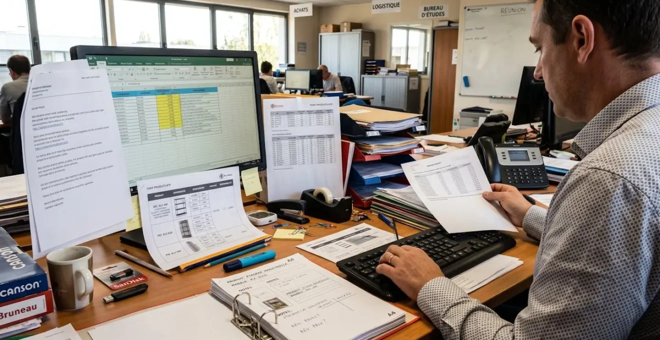 Plan de travail encombré d'un responsable achats montrant la diversité des formats fournisseurs reçus : emails imprimés empilés, fichiers PDF avec tableaux tarifaires, clé USB, classeur manuscrit et écran affichant saisie manuelle dans tableur Excel, illustrant la complexité du traitement des flux hétérogènes