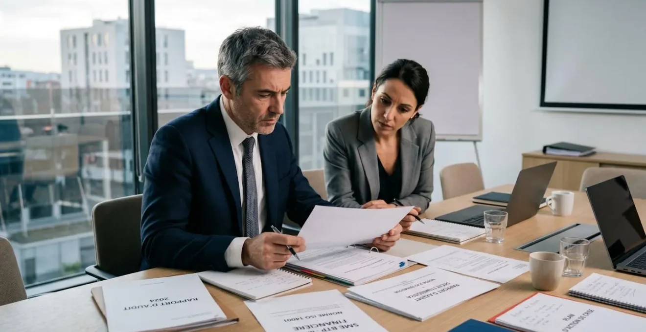 Dirigeant et responsable QSE d'une PME analysant documents administratifs lors d'une réunion de gestion de crise liée à une sanction environnementale