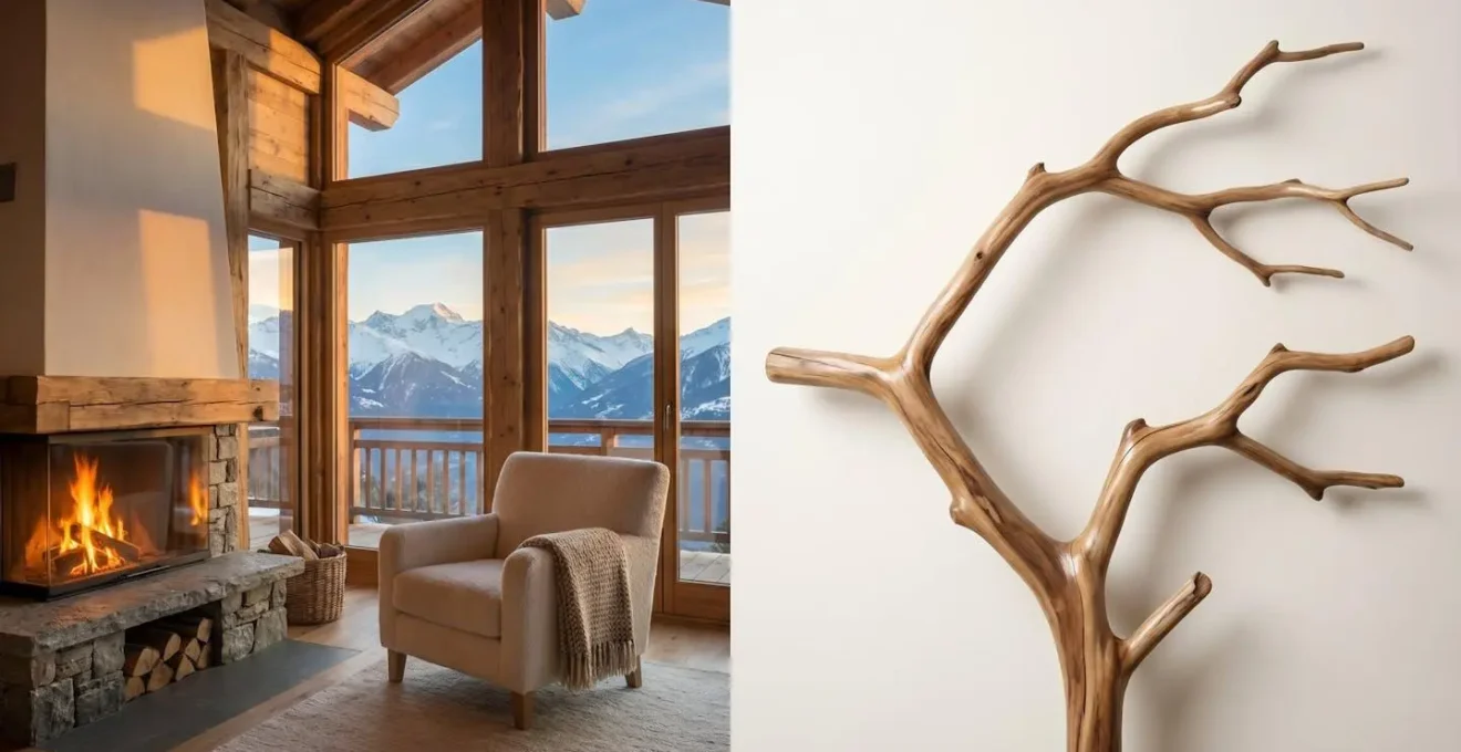 Salon d'un chalet alpin avec vue panoramique sur les sommets enneigés et représentation stylisée d'un arbre décisionnel en bois