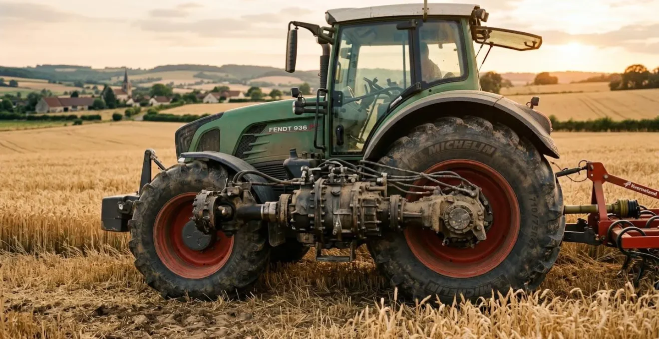 Tracteur agricole puissant dans un champ en heure dorée, vue latérale détaillée de la boîte de transmission