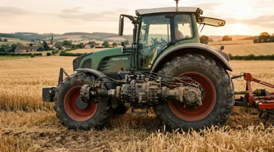 Tracteur agricole puissant dans un champ en heure dorée, vue latérale détaillée de la boîte de transmission