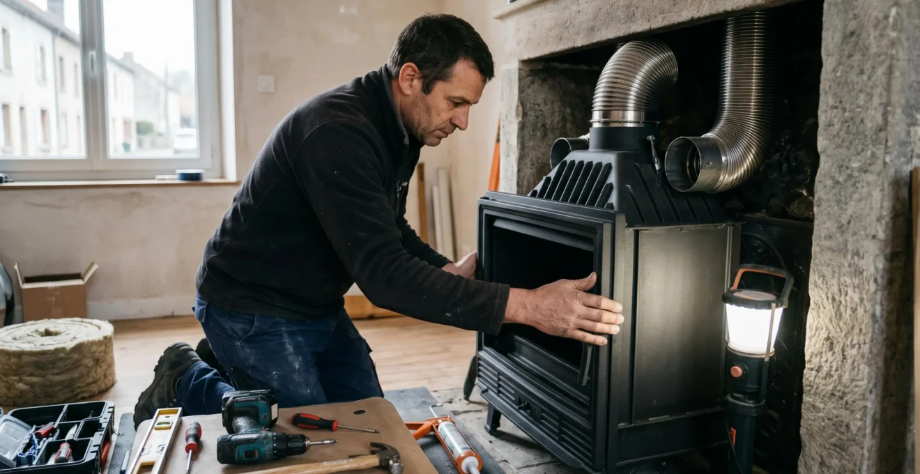 Artisan professionnel RGE installant un insert moderne en fonte dans une cheminée existante avec outils et tubages de conduit visibles