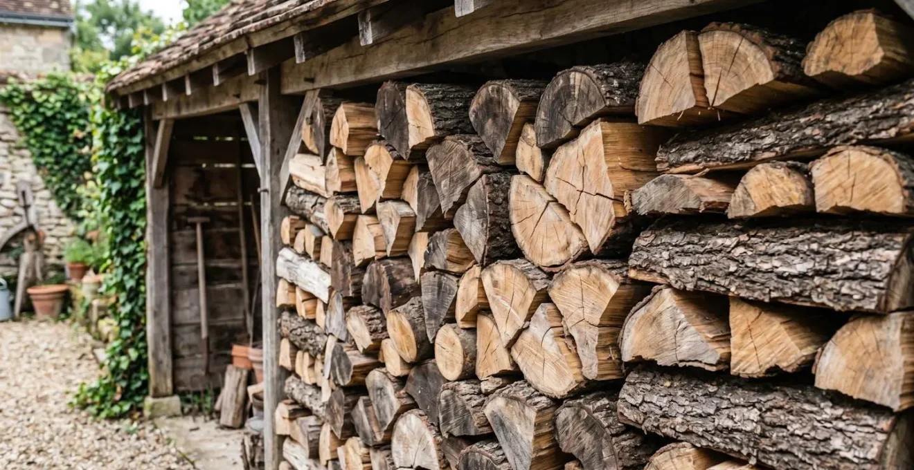 Bûches de bois de chauffage fendu et sec correctement empilées sous abri ventilé montrant texture naturelle et fissures de séchage
