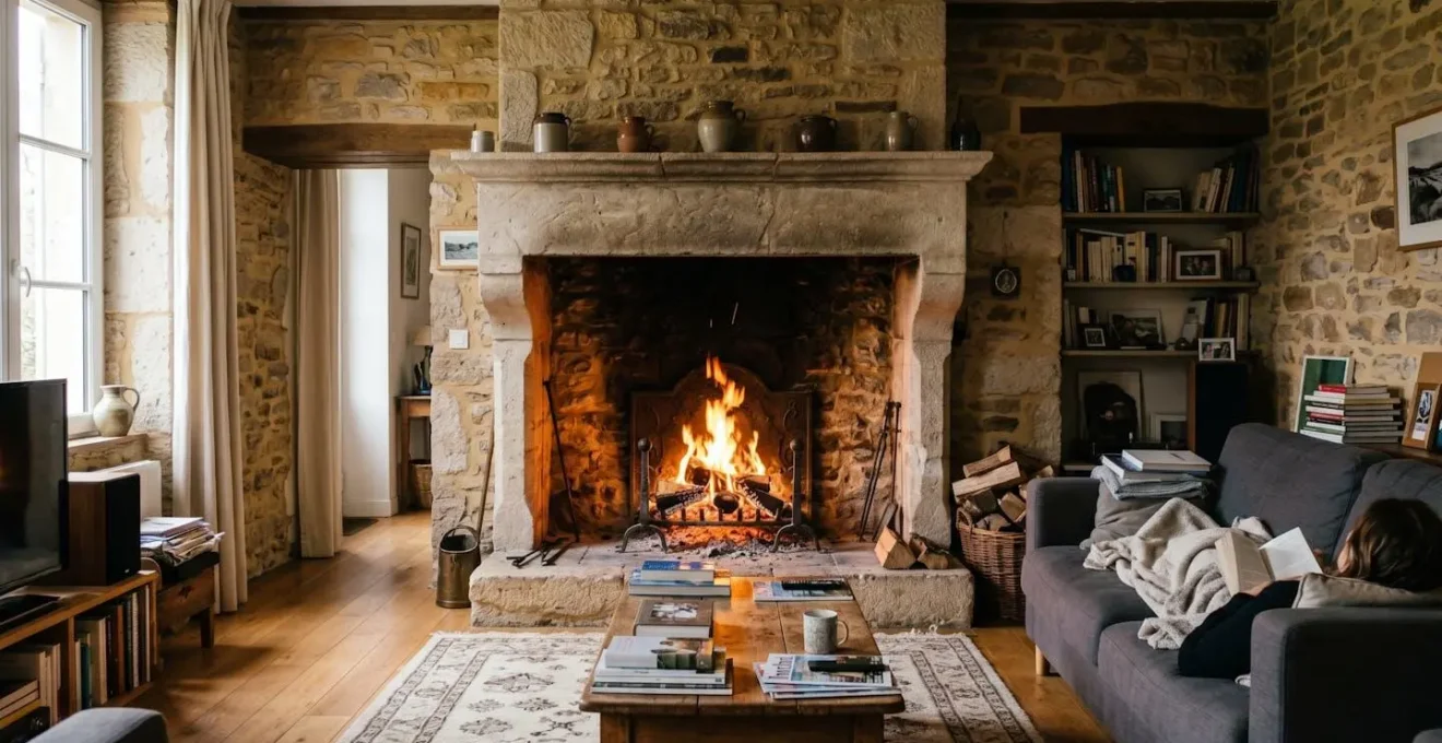 Cheminée traditionnelle en pierre à foyer ouvert avec feu de bois actif dans un salon contemporain français, diffusant chaleur localisée devant le foyer