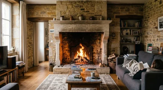 Cheminée traditionnelle en pierre à foyer ouvert avec feu de bois actif dans un salon contemporain français, diffusant chaleur localisée devant le foyer