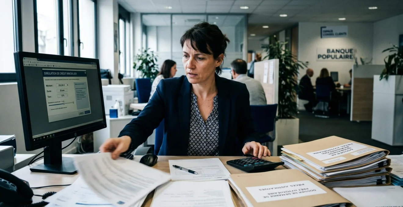 Conseiller bancaire préparant dossier de prêt immobilier avec calculatrice et documents dans bureau français