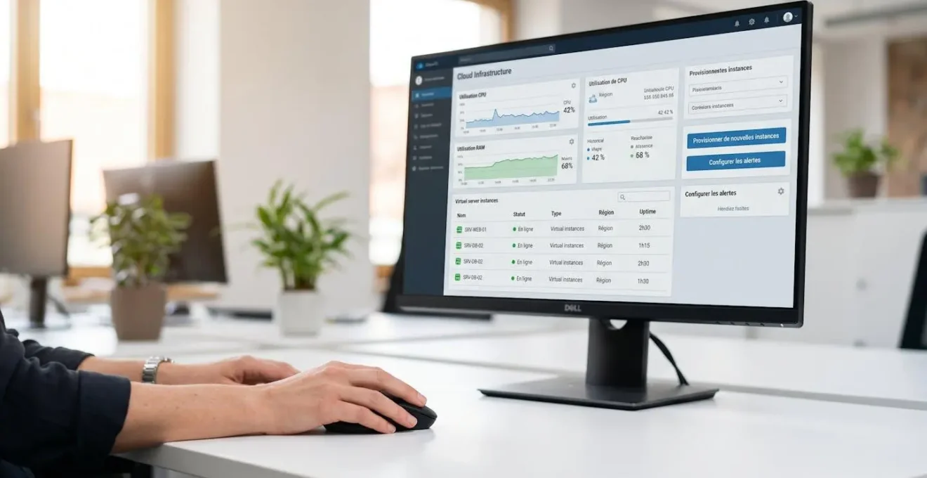 Interface de gestion cloud affichant provisionnement rapide de serveurs virtuels avec temps de déploiement et statuts en temps réel