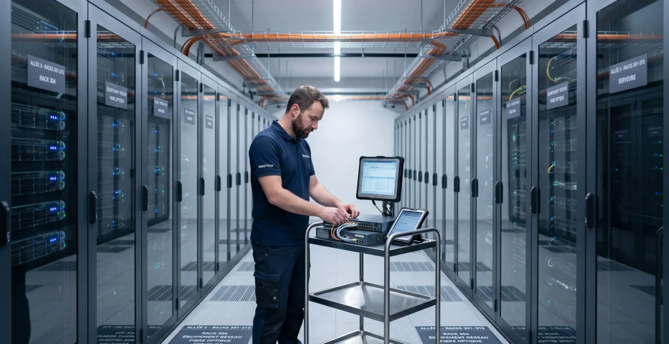 Technicien IT examinant un switch réseau dans l'allée d'un datacenter moderne avec rangées de serveurs rack et câblage fibre optique structuré
