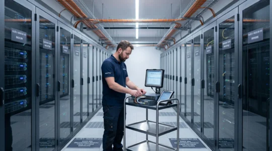 Technicien IT examinant un switch réseau dans l'allée d'un datacenter moderne avec rangées de serveurs rack et câblage fibre optique structuré
