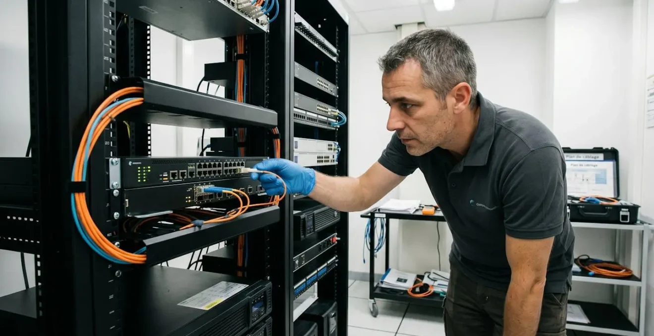 Technicien réseau raccordant un câble fibre optique sur routeur professionnel dans une salle technique d'entreprise pour liaison cloud privée