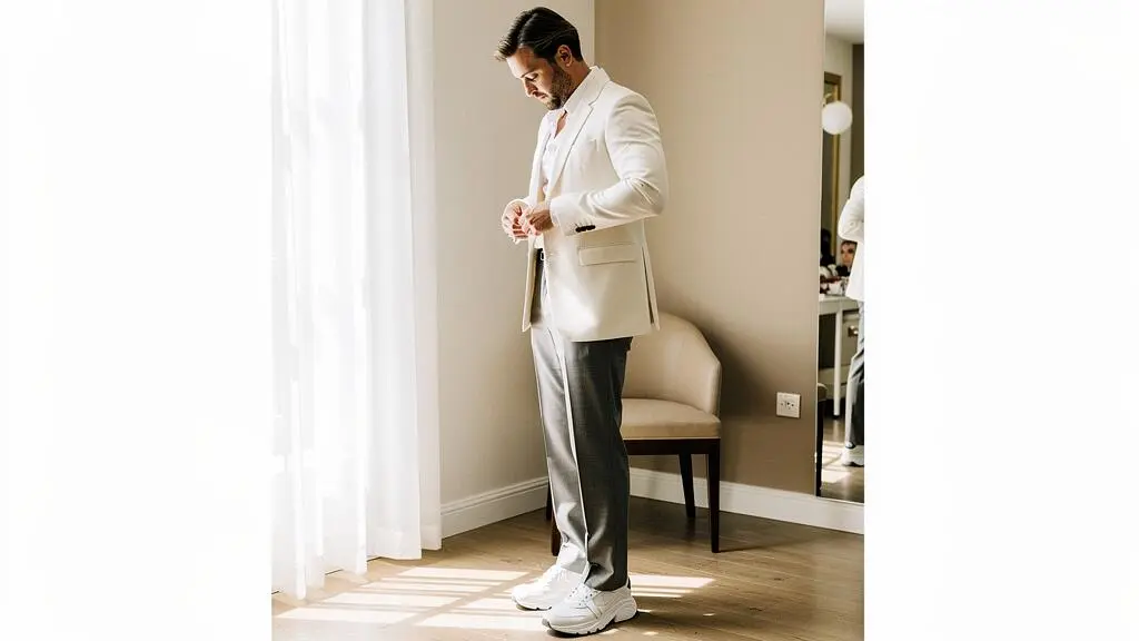 Personne en tenue de mariage élégante ajustant sa tenue tout en portant des baskets blanches premium dans une salle de préparation