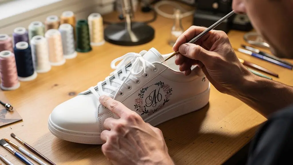 Artisan personnalisant des baskets de mariage blanches avec broderie délicate dans un atelier de customisation