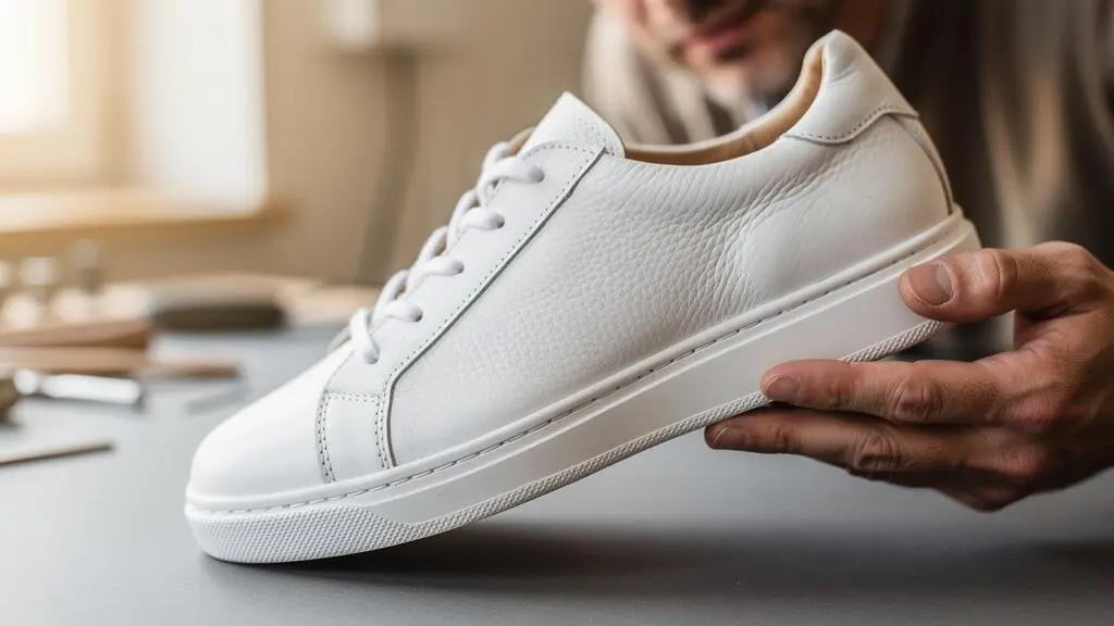 Gros plan sur des baskets de mariage blanches montrant la qualité du cuir et des finitions cousues à la main