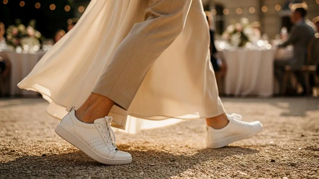Baskets blanches haut de gamme portées avec une tenue de mariage élégante lors d'une réception en extérieur
