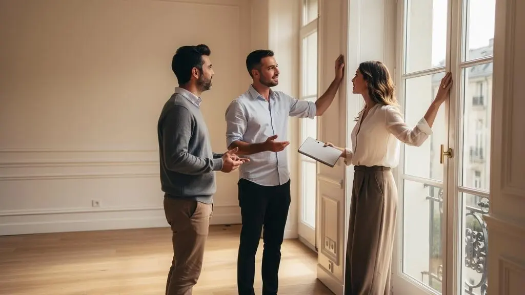 Jeune couple visitant un appartement avec un agent immobilier, dans un salon lumineux avec grandes fenêtres, scène de découverte du bien immobilier