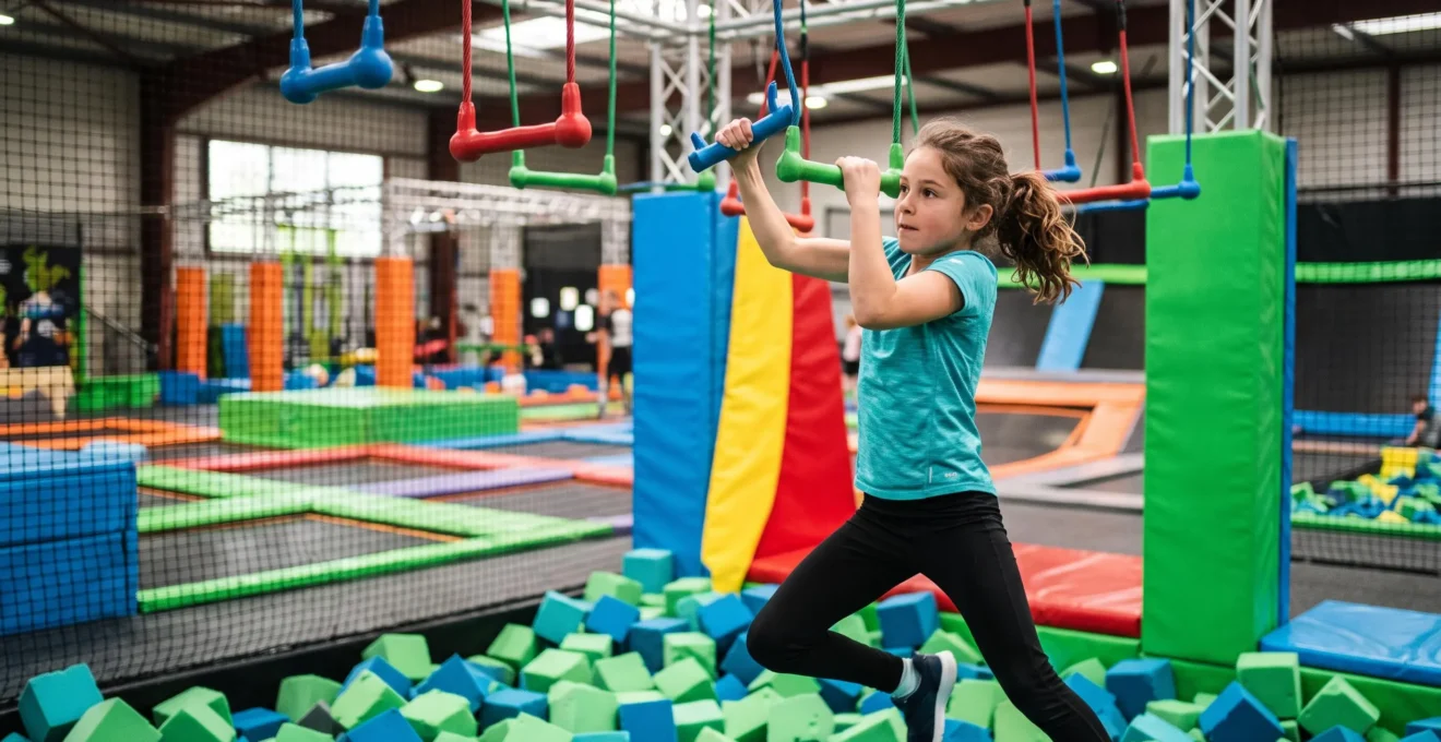 Préadolescent franchissant un obstacle de type parcours ninja au-dessus d'une fosse à mousse dans un trampoline park