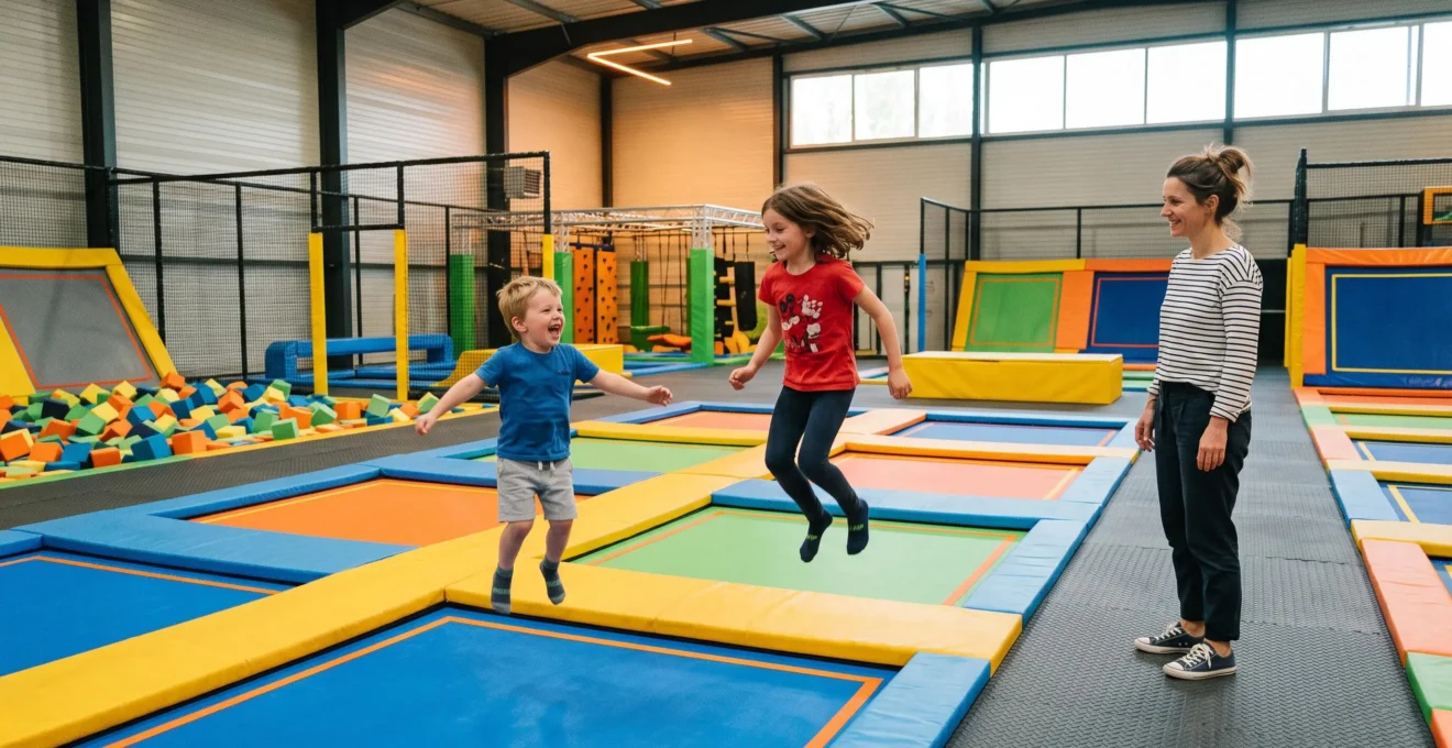 Enfants d'âges différents sautant ensemble sur des trampolines dans un parc indoor moderne pendant qu'un parent les observe