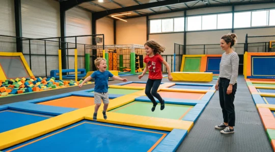 Enfants d'âges différents sautant ensemble sur des trampolines dans un parc indoor moderne pendant qu'un parent les observe