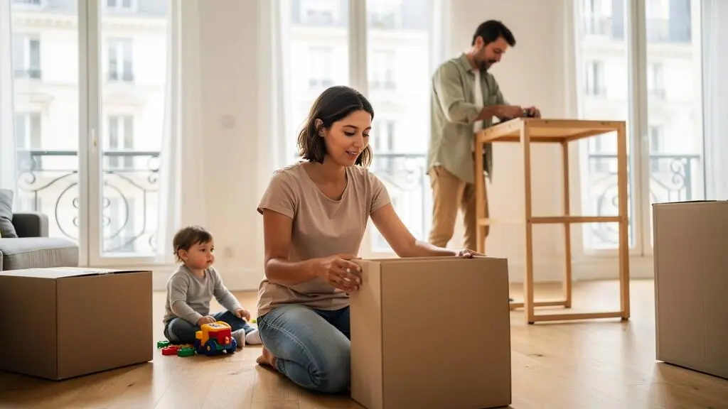 Jeune famille avec enfant déballant des cartons dans leur nouveau logement lors de l'emménagement, scène d'installation dans la résidence principale