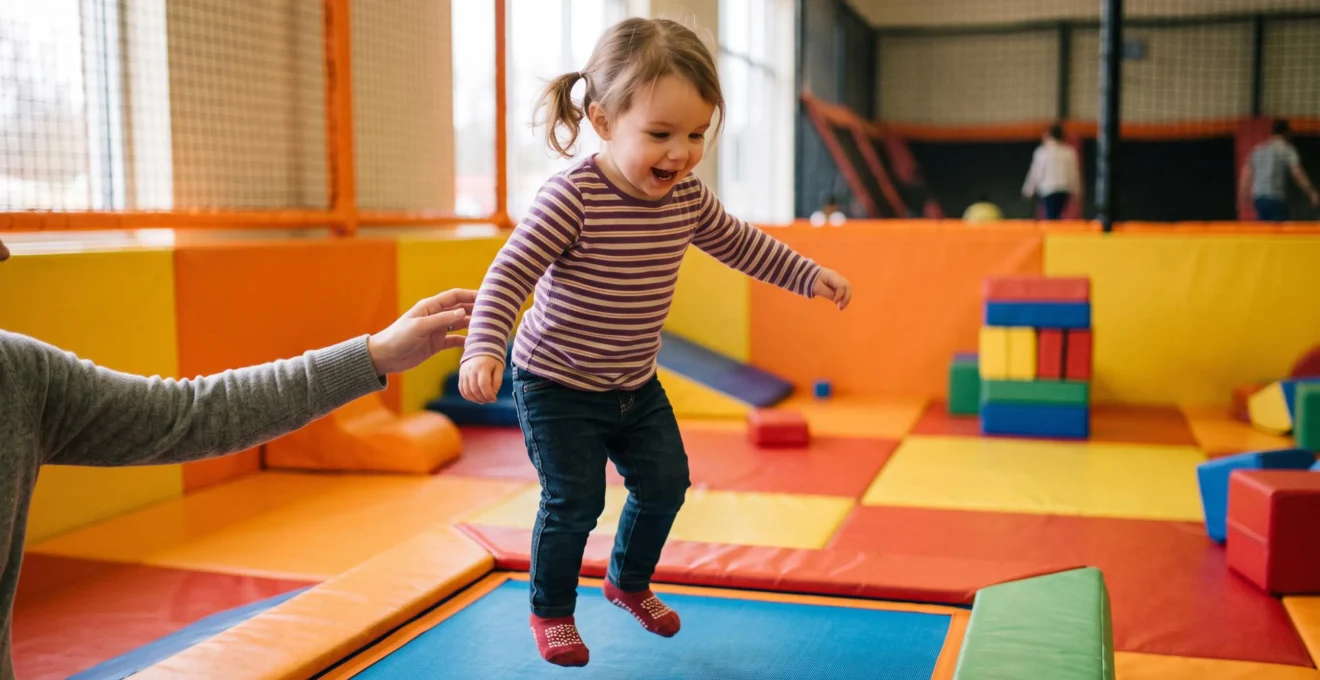 Jeune enfant de 3-4 ans sautant joyeusement sur un trampoline adapté dans une zone dédiée aux tout-petits