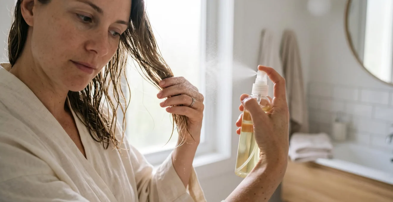Femme appliquant un spray thermoprotecteur sur ses cheveux humides avant le coiffage thermique
