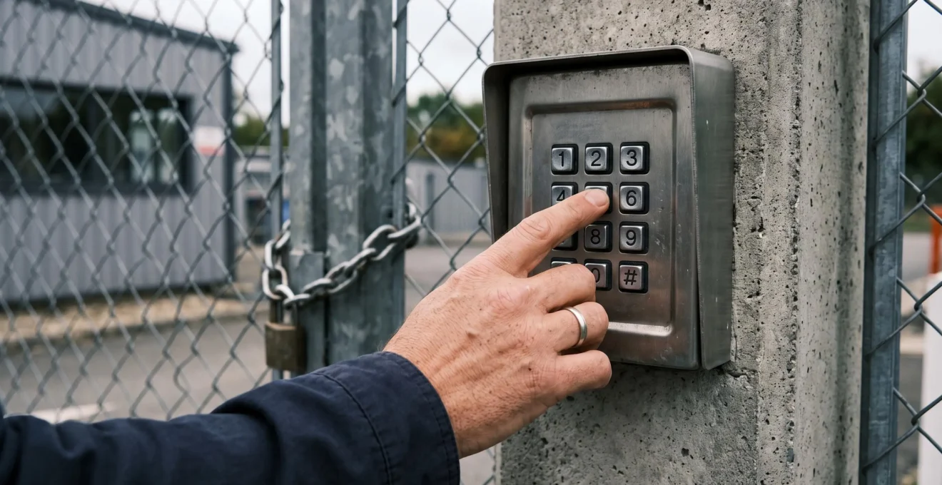 Une main compose un code d'accès sur le clavier numérique sécurisé de l'entrée d'un centre de self-stockage.