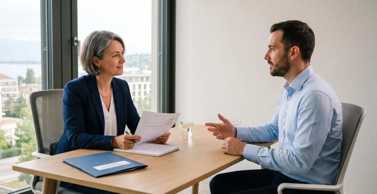 Une consultante en recrutement mène un entretien avec un candidat dans un bureau lumineux à Genève.