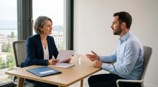 Une consultante en recrutement mène un entretien avec un candidat dans un bureau lumineux à Genève.