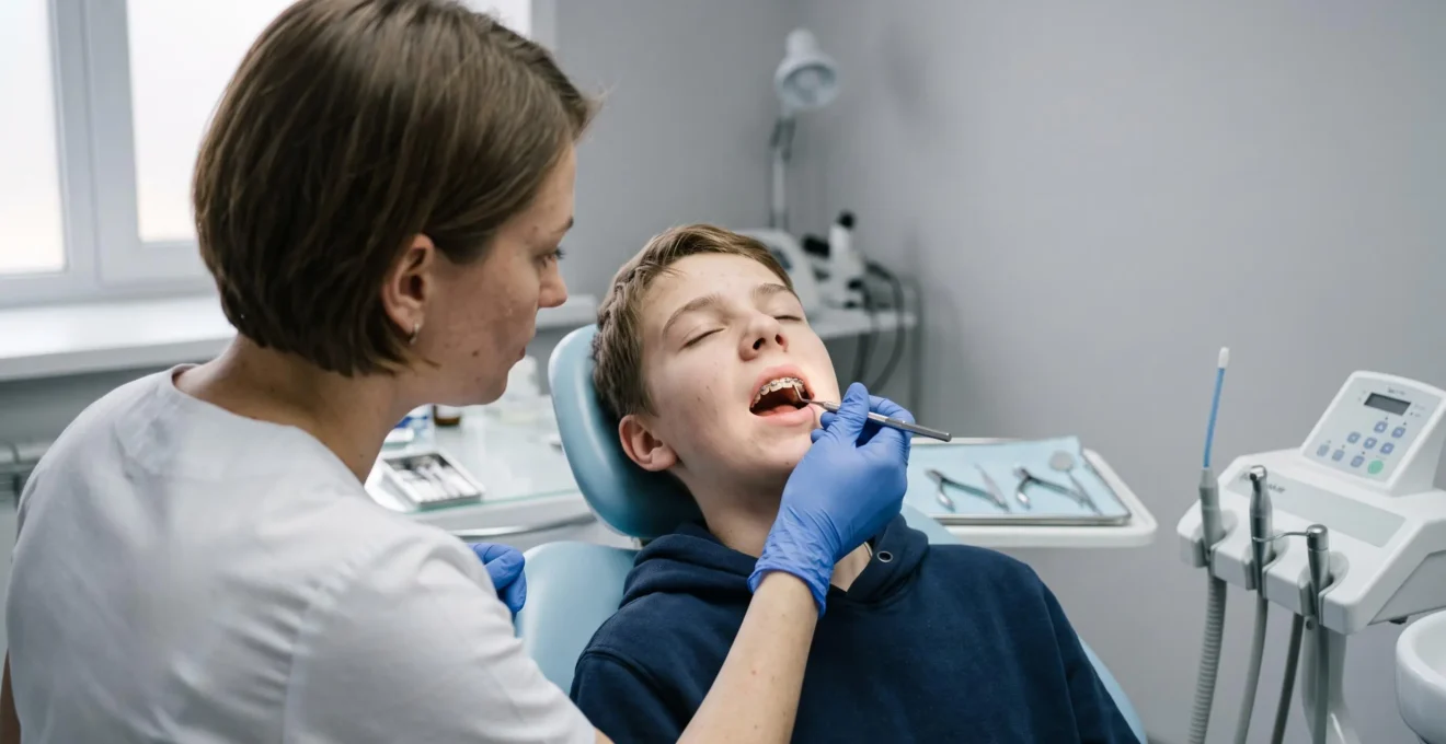 Un orthodontiste contrôle les bagues et l'arc d'un appareil multi-attaches sur un adolescent installé en fauteuil.