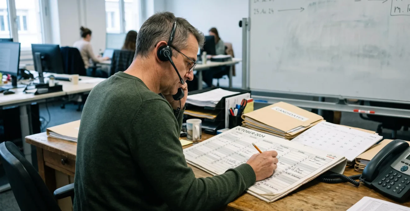 Un coordinateur RH organise un calendrier d'entretiens sur un planning papier tout en appelant un candidat.