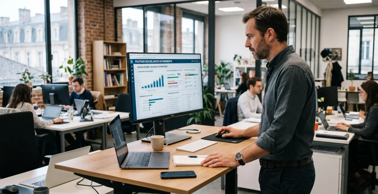 Un dirigeant consulte sur un écran d'ordinateur un tableau de bord de relances automatisées dans son bureau.