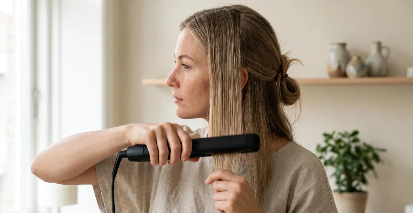 Vue de profil d'une femme démontrant la technique correcte de lissage avec un geste fluide