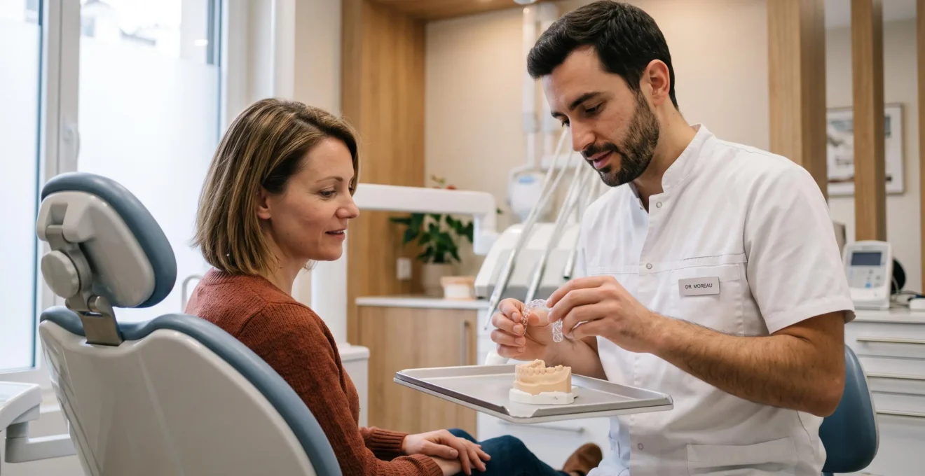 Un orthodontiste explique à une patiente adulte l'insertion d'un aligneur transparent sur un modèle de mâchoire.
