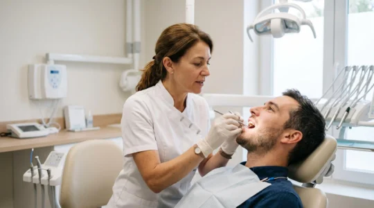 Une orthodontiste examine l'occlusion dentaire d'un patient adulte installé dans un fauteuil dentaire.