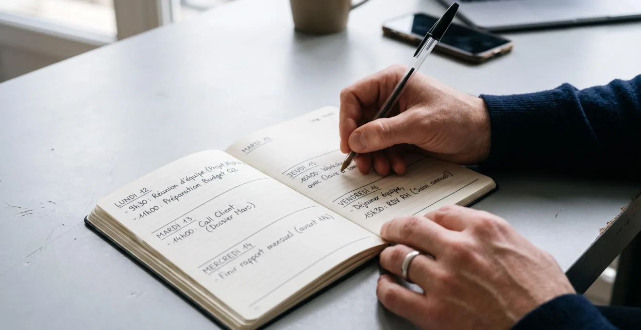 Des mains inscrivent un planning de relances dans un agenda papier, avec des factures échéant à des dates cerclées au stylo rouge.