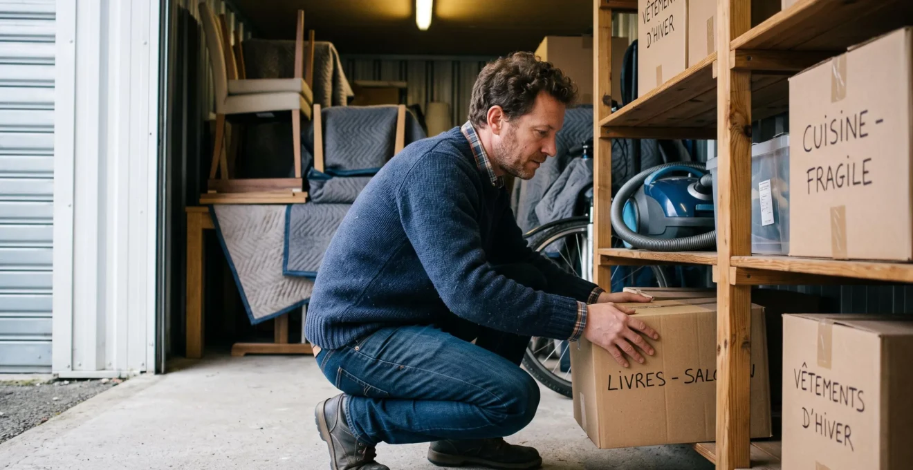 Un homme accroupi range un carton étiqueté sur une étagère en bois à l'intérieur de son box de stockage bien organisé.