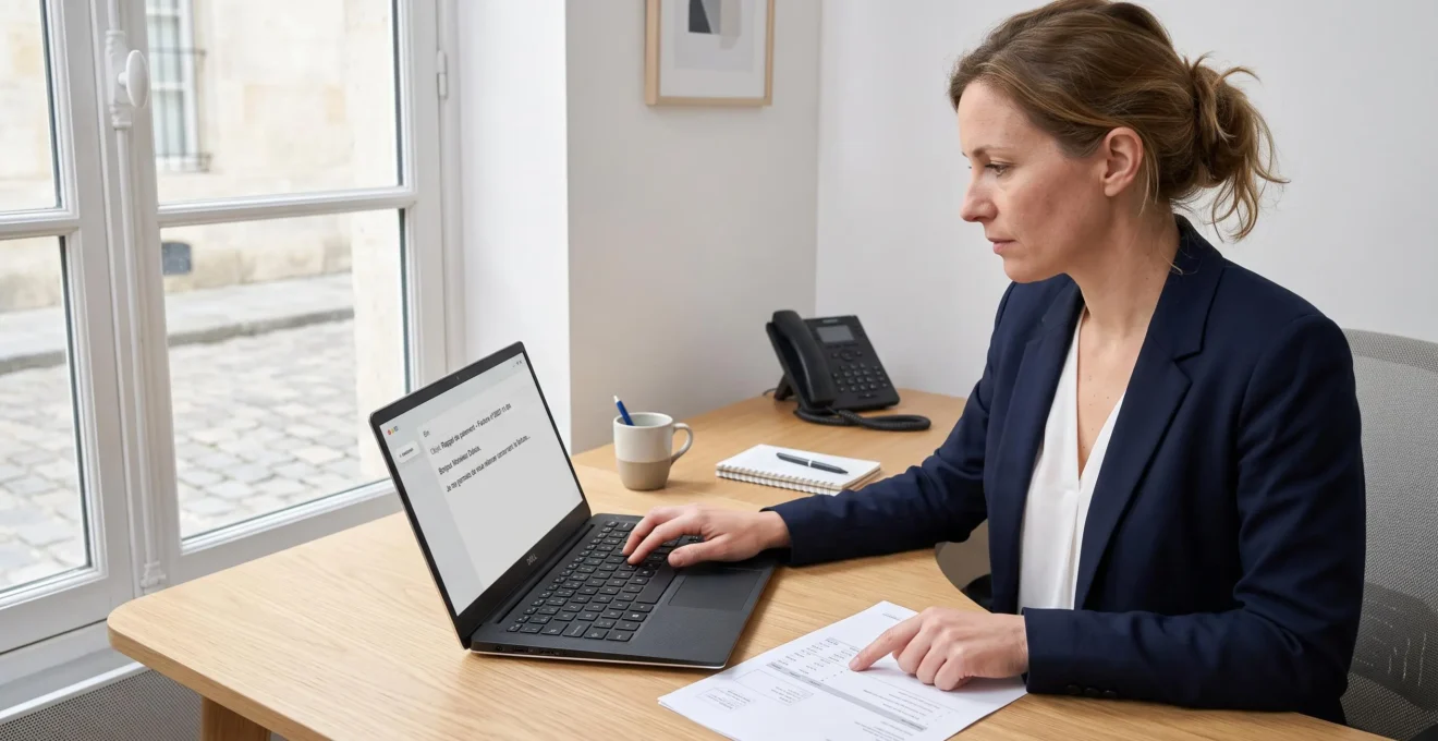 Une responsable administrative rédige un e-mail de relance client sur son ordinateur portable, une facture imprimée posée à côté d'elle dans un bureau lumineux.