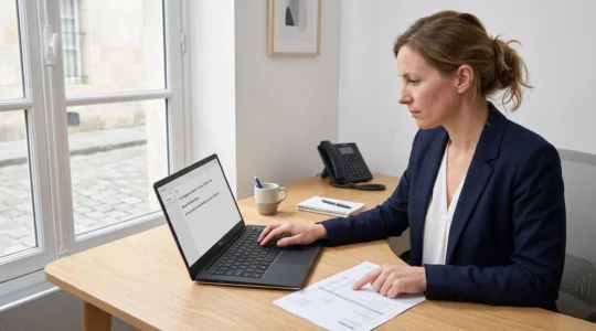 Une responsable administrative rédige un e-mail de relance client sur son ordinateur portable, une facture imprimée posée à côté d'elle dans un bureau lumineux.