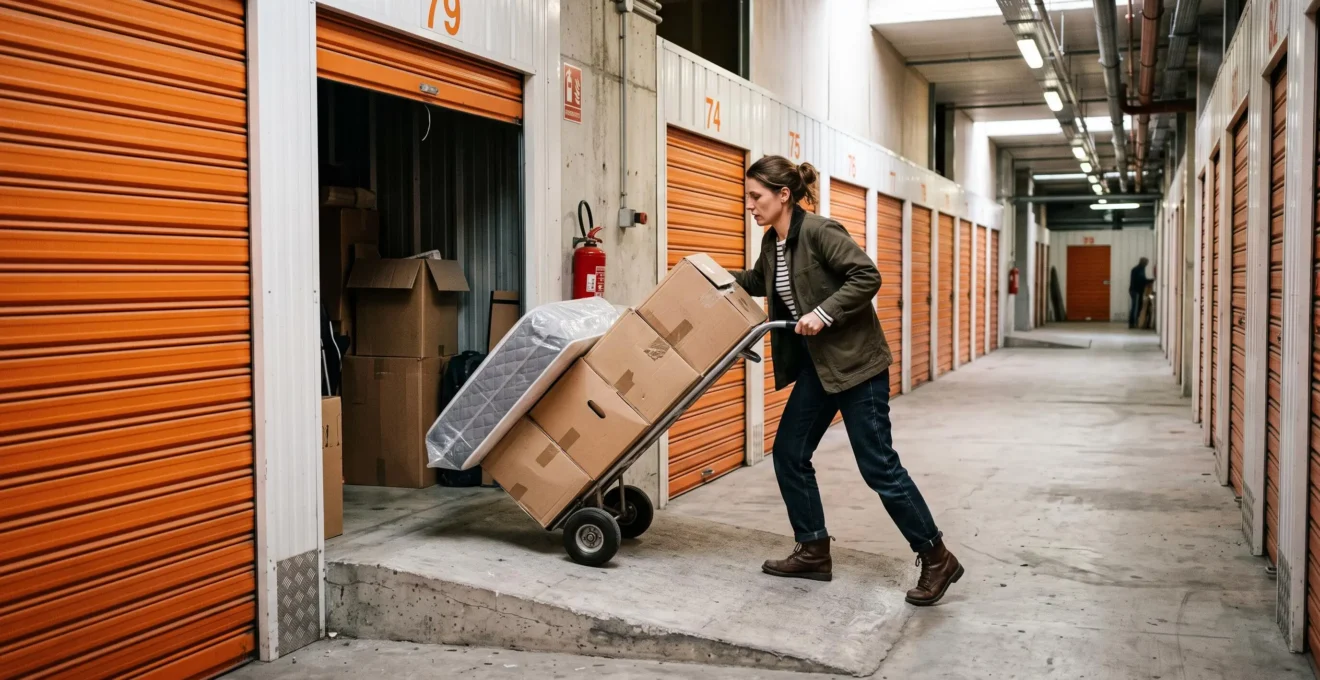 Une femme pousse un diable chargé de cartons dans le couloir d'un centre de self-stockage en France, devant son box aux portes orange.