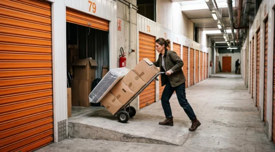Une femme pousse un diable chargé de cartons dans le couloir d'un centre de self-stockage en France, devant son box aux portes orange.