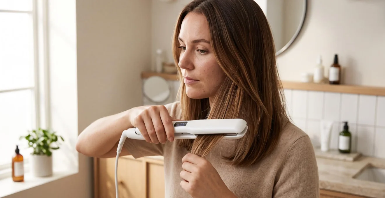 Femme utilisant un lisseur sur une mèche de cheveux dans une salle de bain moderne