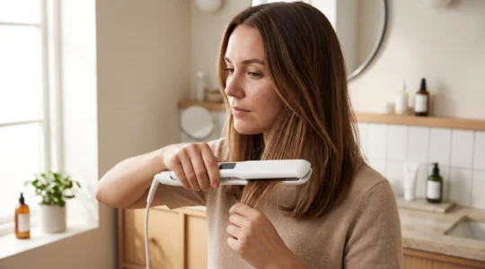 Femme utilisant un lisseur sur une mèche de cheveux dans une salle de bain moderne